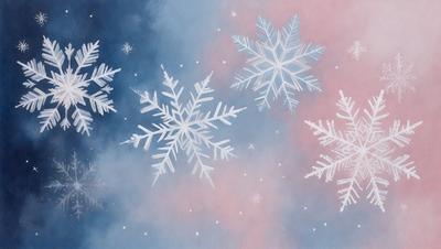 The primary subject of the image is a painting of snowflakes. The setting is a blue sky, and the visual style is a digital art or illustration. The dominant colors are white and blue, creating a calm and serene atmosphere.